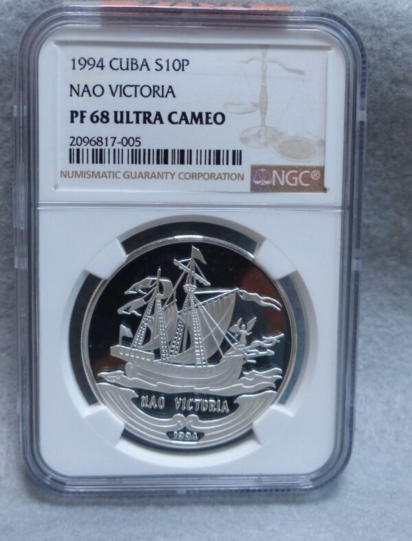 1994 Nao Victoria Ship - Silver 10 Pesos NGC PF68 Ultra Cameo