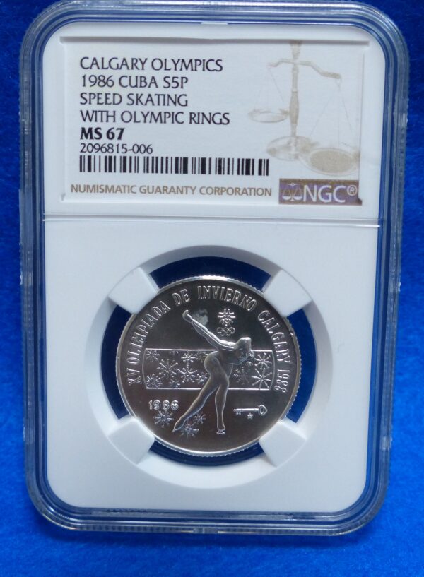 1986 Calgary Olympics - Speed Skating with Olympic Rings - Silver 5 Pesos NGC MS67 TOP POP