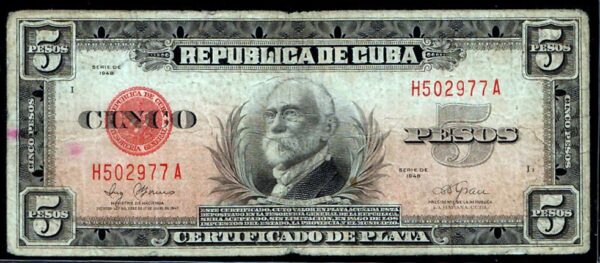 1948 Cuba Silver Certificate Certifcado De Plata 5 Pesos Fine