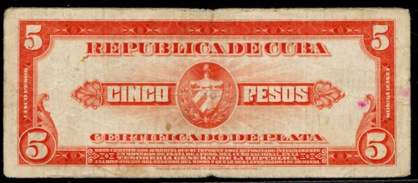 1948 Cuba Silver Certificate Certifcado De Plata 5 Pesos Fine - Image 2