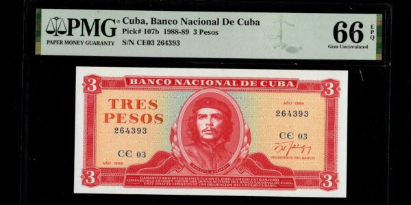 1989 Banco Nacional Cuba 3 Pesos Tres PMG 66 EPQ