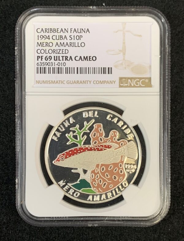 1994 Cuba 10 Pesos Striped Bass Colorized NGC PF69 UC