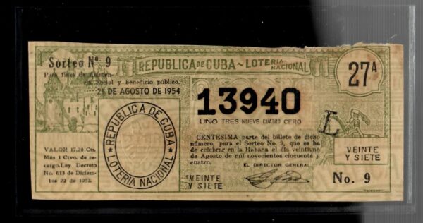 1954-08-21 Republica De Cuba Vintage Cuban Lottery Ticket