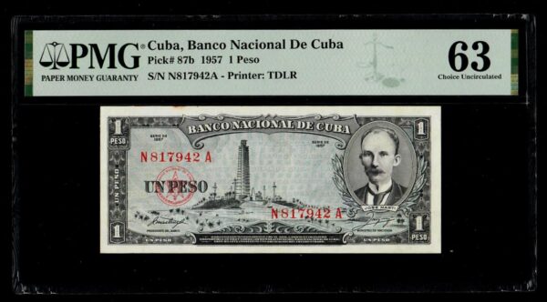 1957 Cuba Marti 1 Peso PMG 63