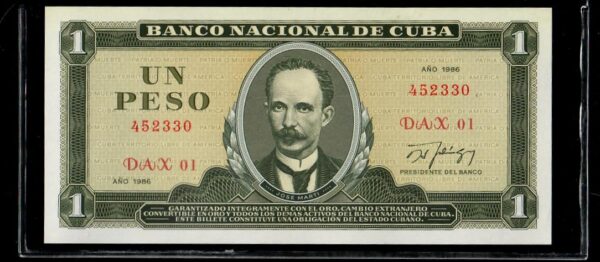 1986 Cuba 1 Peso Marti Banco Nacional Replacement UNC