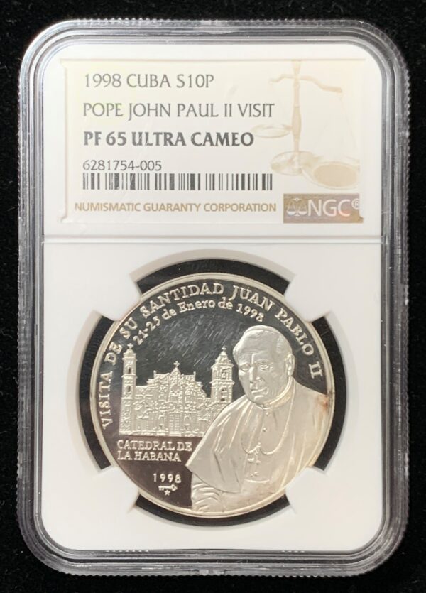 1998 Cuba 10 Pesos Pope John Paul II NGC PF65 UC