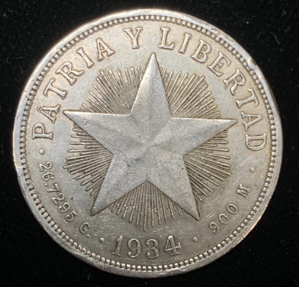 1934 Silver Cuban Star Peso AU Rim Filed