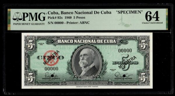 1960 Cuba 5 Pesos Banco Nacional Specimen PMG64 Pick 92s