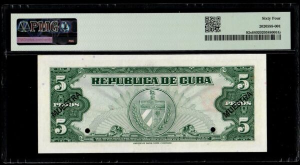 1960 Cuba 5 Pesos Banco Nacional Specimen PMG64 Pick 92s - Image 2