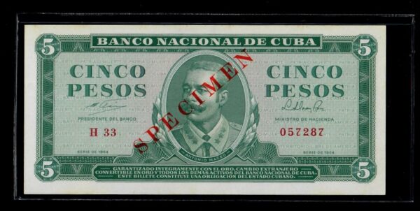 1964 Cuba Banco Nacional 5 Pesos UNC Specimen