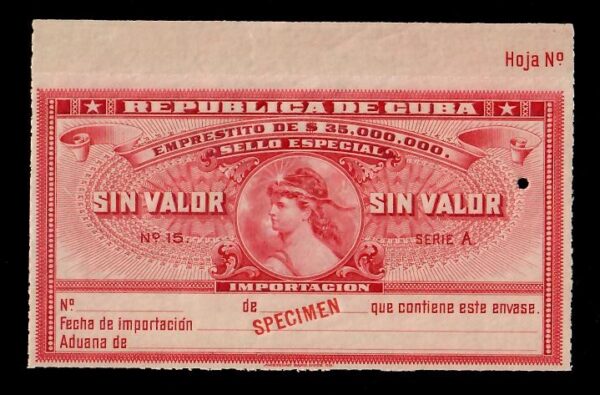 Cuba First Republic Import Tax Seal Specimen UNC w/ Counterfoil