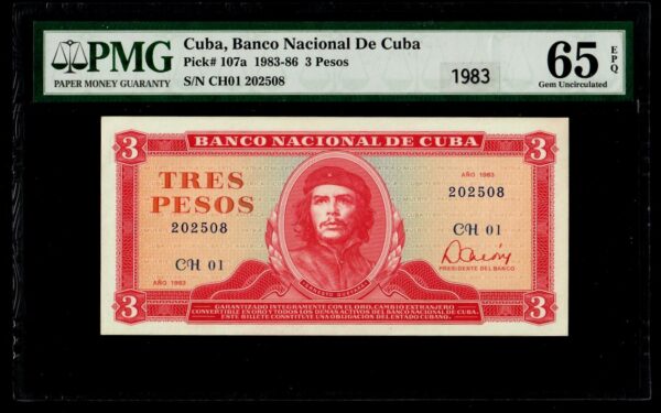 1983 Che Banco Nacional 3 Pesos PMG 65 EPQ