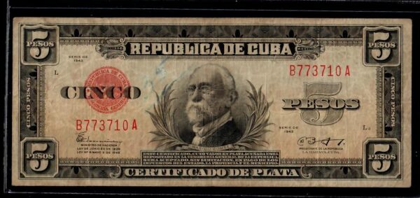 1943 5 Pesos Certifcado De Plata Cuban Silver Certificate F