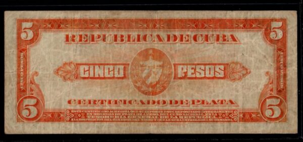 1943 5 Pesos Certifcado De Plata Cuban Silver Certificate F - Image 2