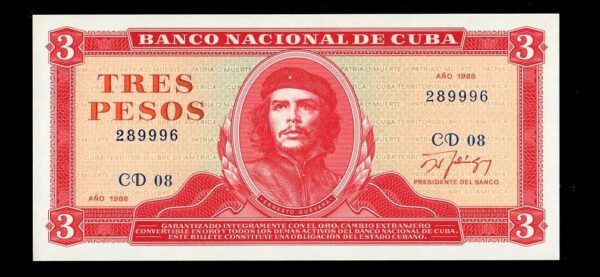 1988 Cuba 3 Pesos Banco Nacional UNC