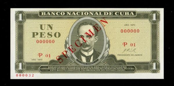 1970 Cuba 1 Peso Marti Banco Nacional Specimen UNC