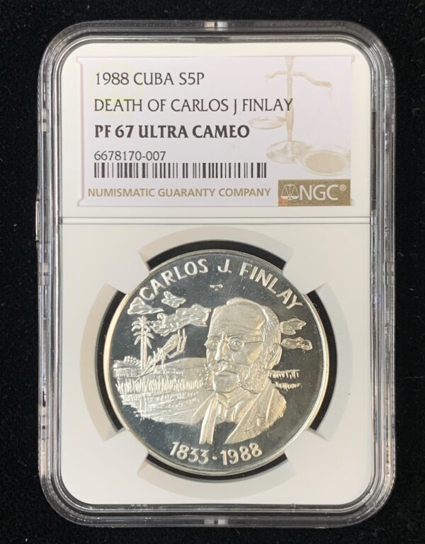 1988 Cuba 5 Pesos Silver Death of Carlos J Finlay NGC PF67 UC