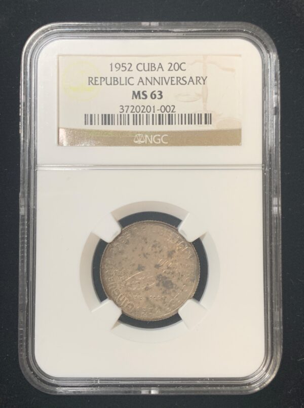 1952 Cuba 20 Centavos Republic Anniversary NGC MS63