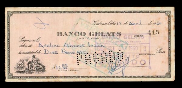 1960 Cuba Banco Gelats Canceled Check