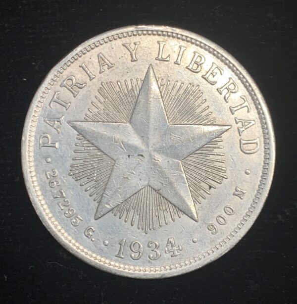 1934 Silver Cuban Star Peso AU Light Clean