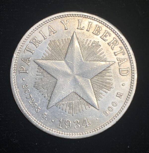 1934 Silver Cuban Star Peso Cleaned/Scratched