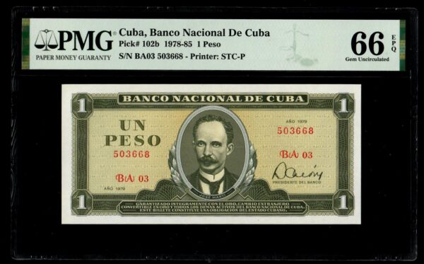 1979 Cuba 1 Peso Banco Nacional PMG66 UNC EPQ