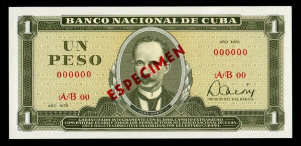 1978 Cuba Un Peso Marti Banco Nacional Especimen UNC