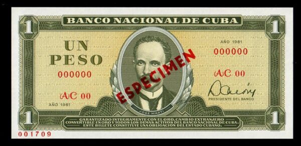 1981 Cuba Un Peso Marti Banco Nacional Especimen UNC