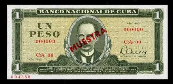 1982 Cuba Un Peso Marti Banco Nacional Muestra UNC