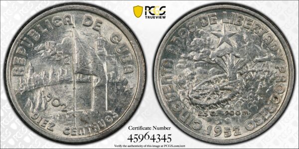 1952 Cuba 10 Centavos - PCGS MS63