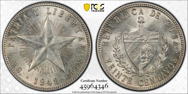 1948 Cuba 20 Centavos - PCGS MS62