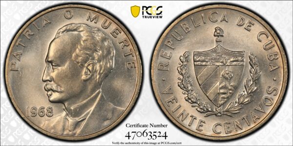 1968 Cuba 20 Centavos - PCGS MS63