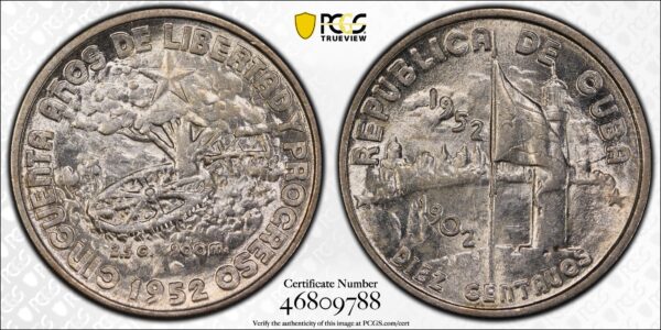 1952 Cuba 10 Centavos - PCGS AU58