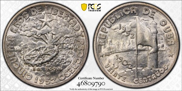 1952 Cuba 20 Centavos - PCGS MS61