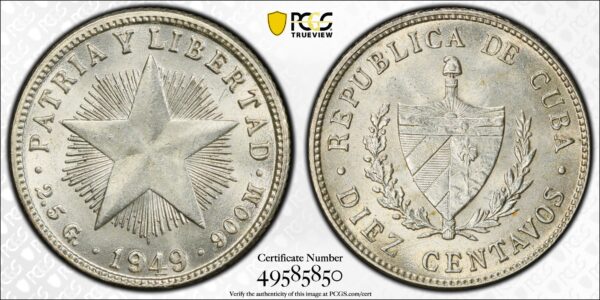 1949 Cuba 10 Centavos - PCGS MS63
