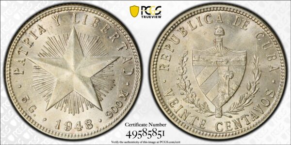 1948 Cuba 20 Centavos - PCGS MS63