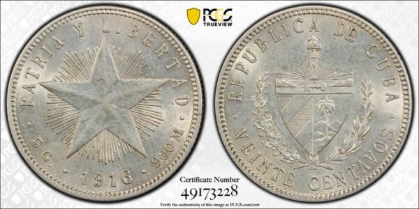 1916 Cuba 20 Centavos - PCGS MS62