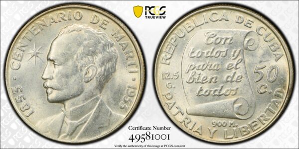 1953 Cuba 50 Centavos - PCGS MS62