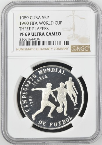 1989 Cuba 5 Pesos 1990 FIFA World Cup Three Players - NGC PF69 Ultra Cameo
