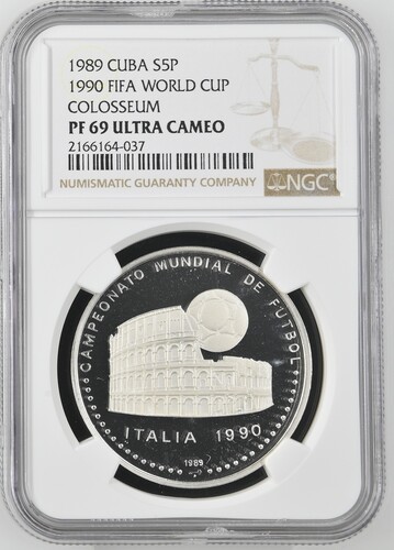 1989 Cuba 5 Pesos 1990 FIFA World Cup Colosseum - NGC PF69 Ultra Cameo
