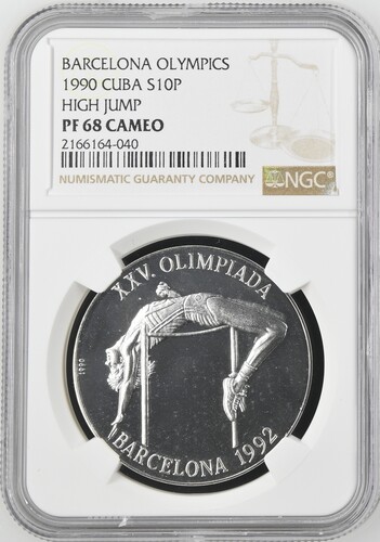 1990 Cuba 10 Pesos Barcelona Olympics High Jump - NGC PF68 Cameo
