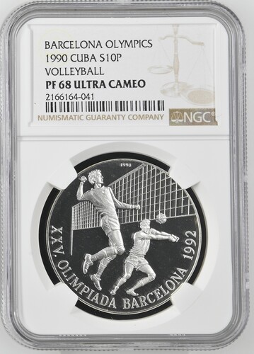 1990 Cuba 10 Pesos Barcelona Olympics Volleyball - NGC PF68 Ultra Cameo