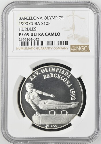 1990 Cuba 10 Pesos Barcelona Olympics Hurdles - NGC PF69 Ultra Cameo
