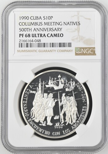 1990 Cuba 10 Pesos Columbus Meeting Natives - NGC PF68 Ultra Cameo