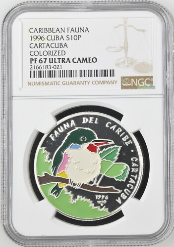 1996 Cuba 10 Pesos Caribbean Fauna Colorized - NGC PF67