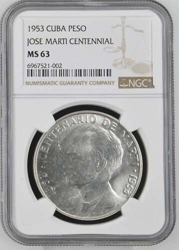 1953 Cuba Peso Jose Marti Centennial - NGC MS63
