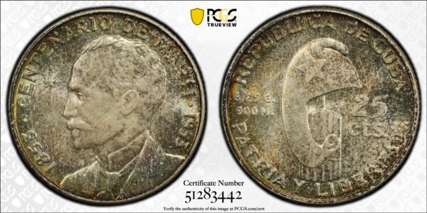 1953 Cuba 25 Centavos - PCGS MS65