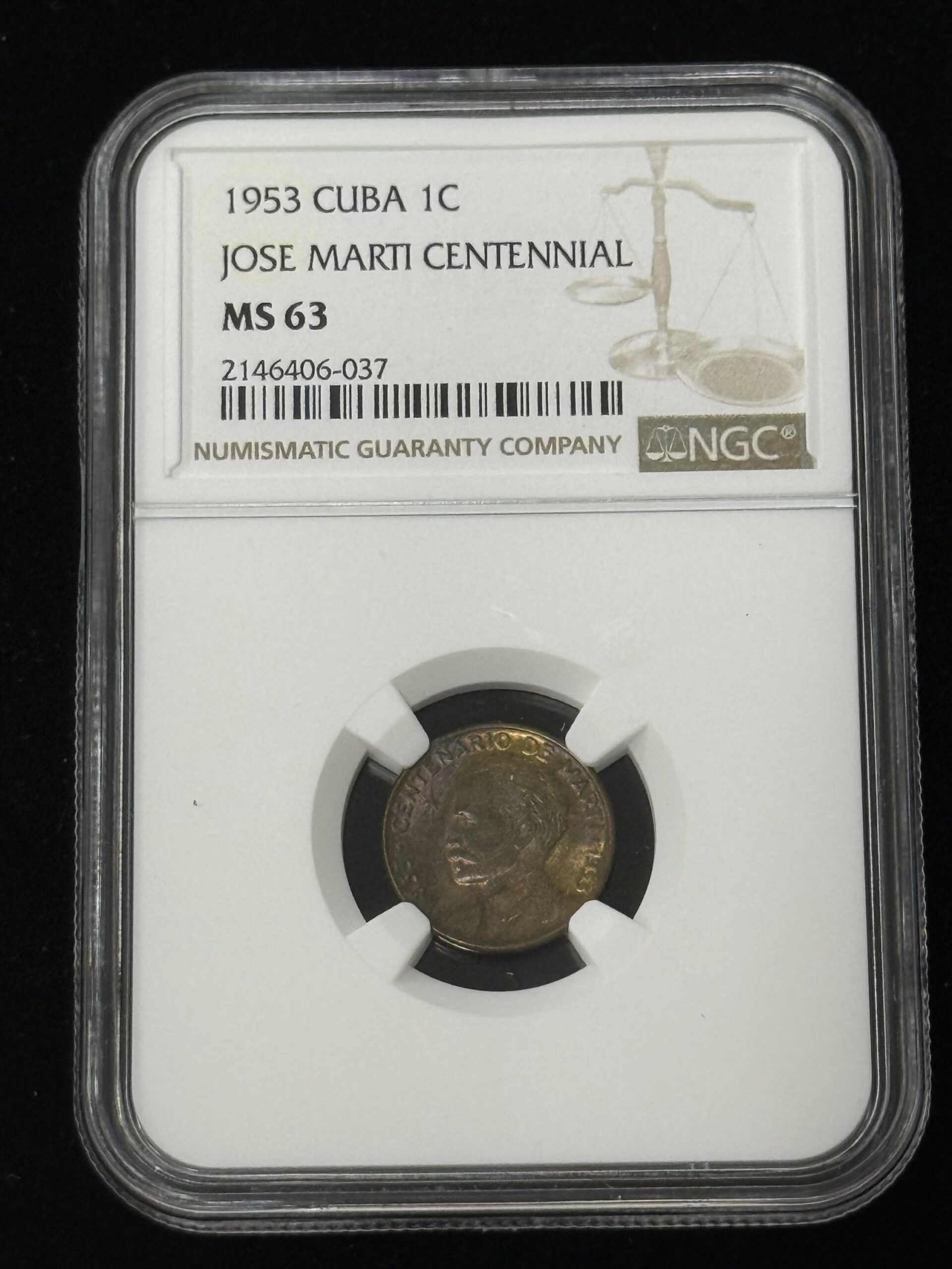 1953 Cuba Marti 1 Centavo NGC MS 63 Toned -2