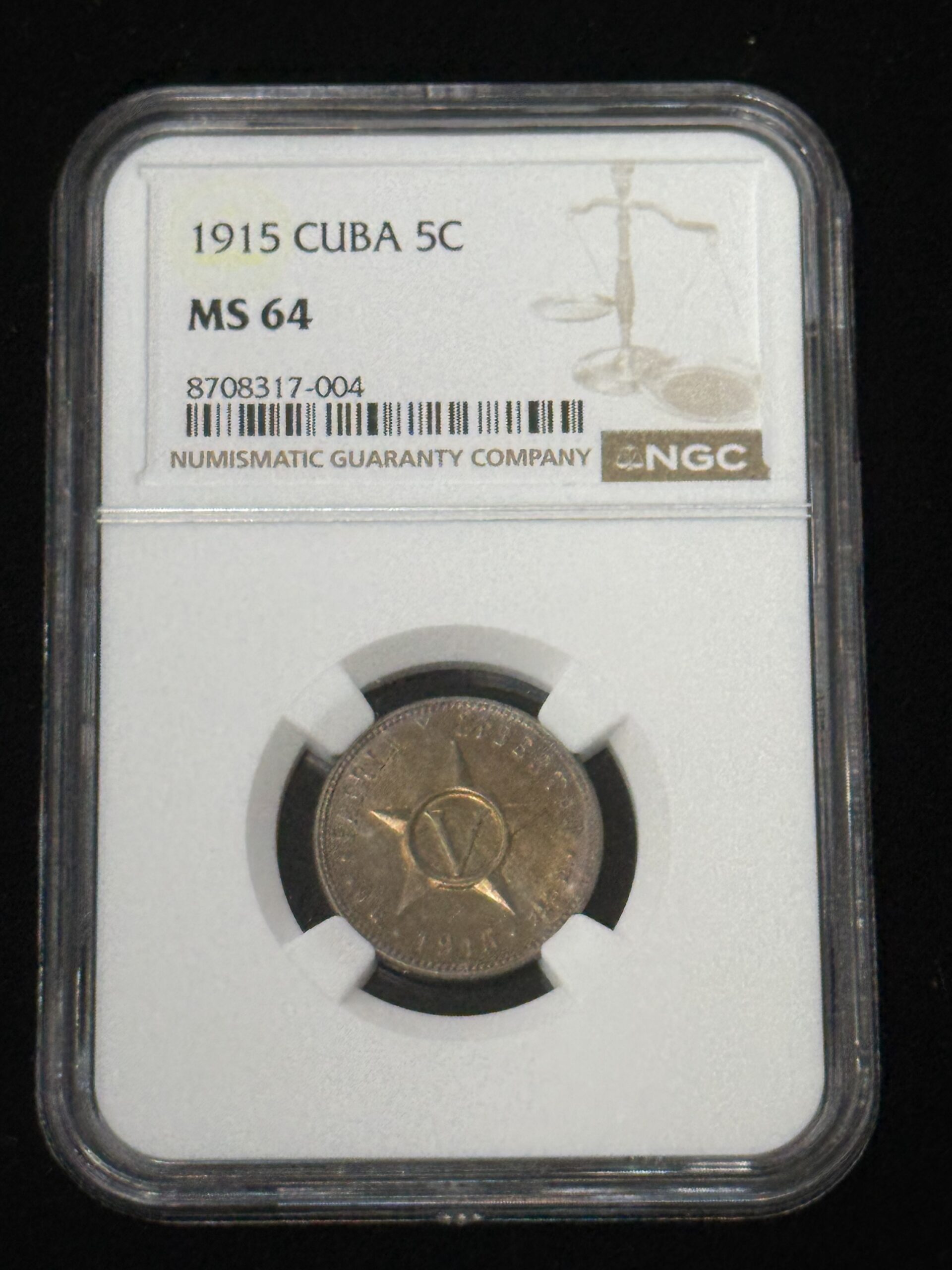 1915 Cuba 5 Centavos NGC MS64 Toned