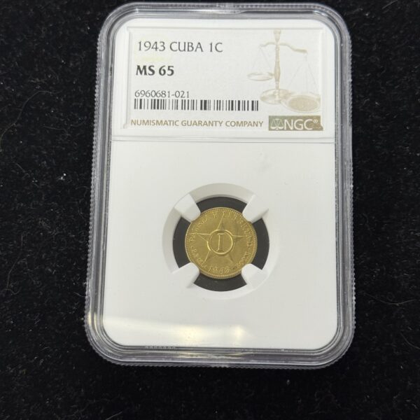 1943 Brass Cuba 1 Centavos NGC MS65
